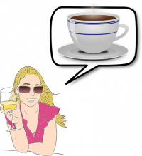Meisje met tekstballon waarin een tas koffie staat